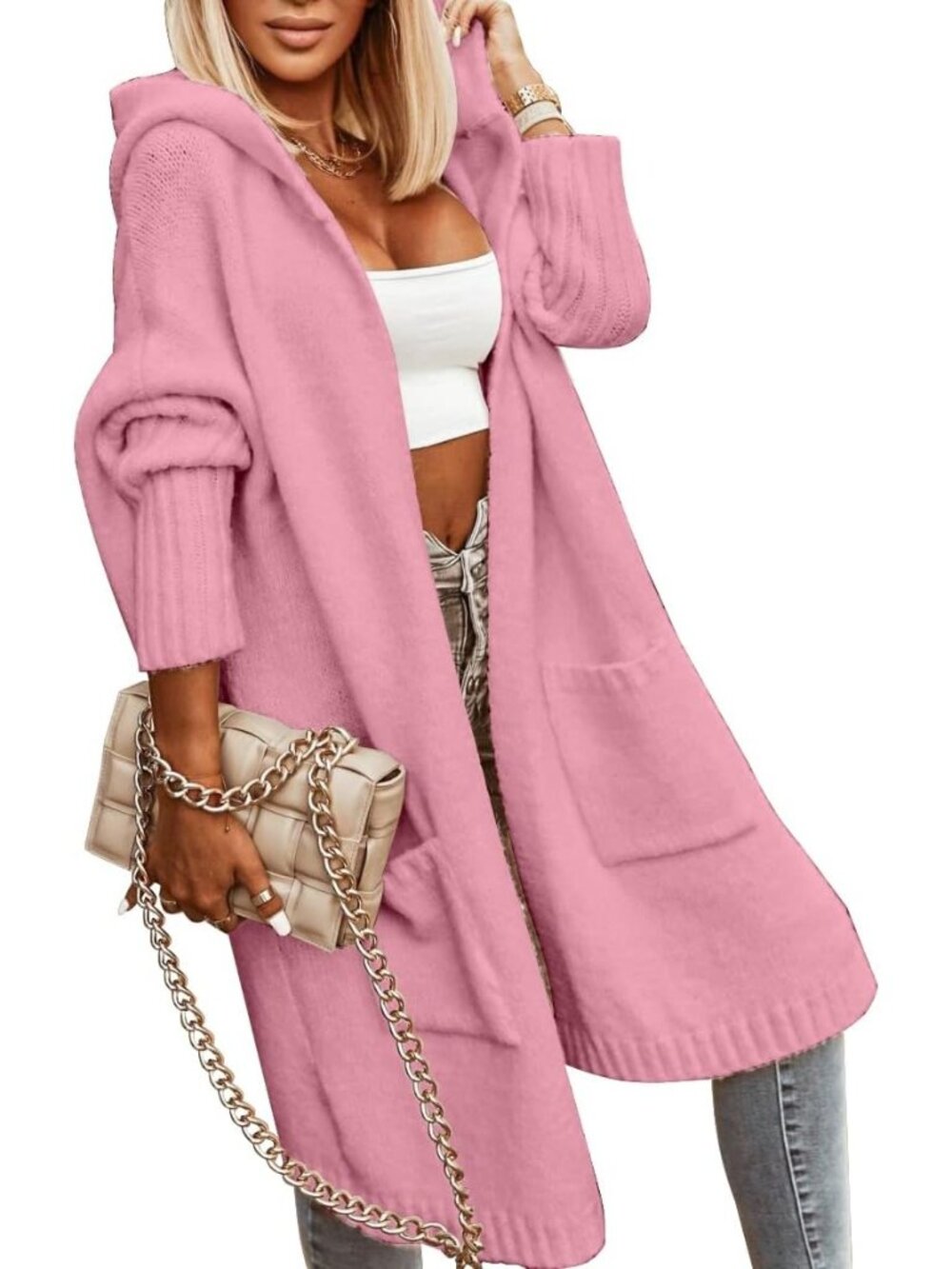 Women's Pink Long Hooded Cable Knitted Open Front Oversized Cardigans Sweater